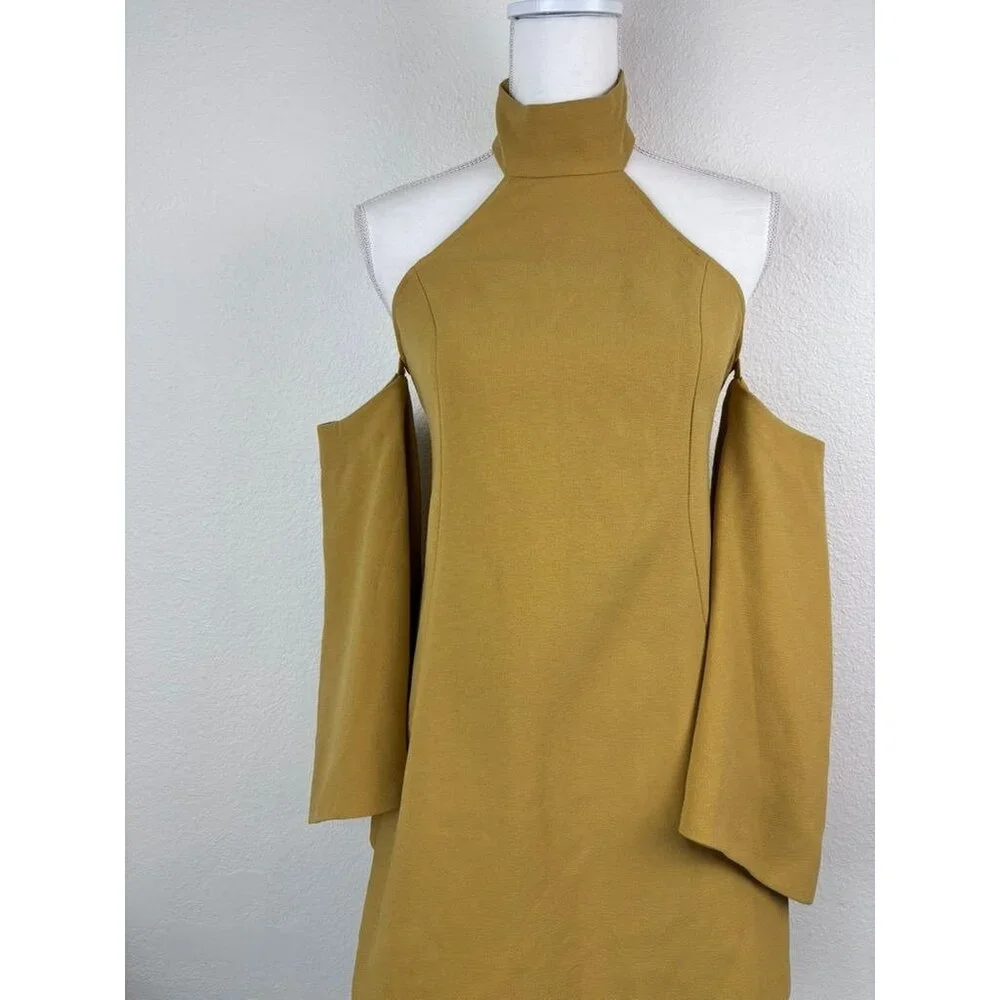 C/MEO Collective women's XS mustard halter flare sleeve cold shoulder mini dress